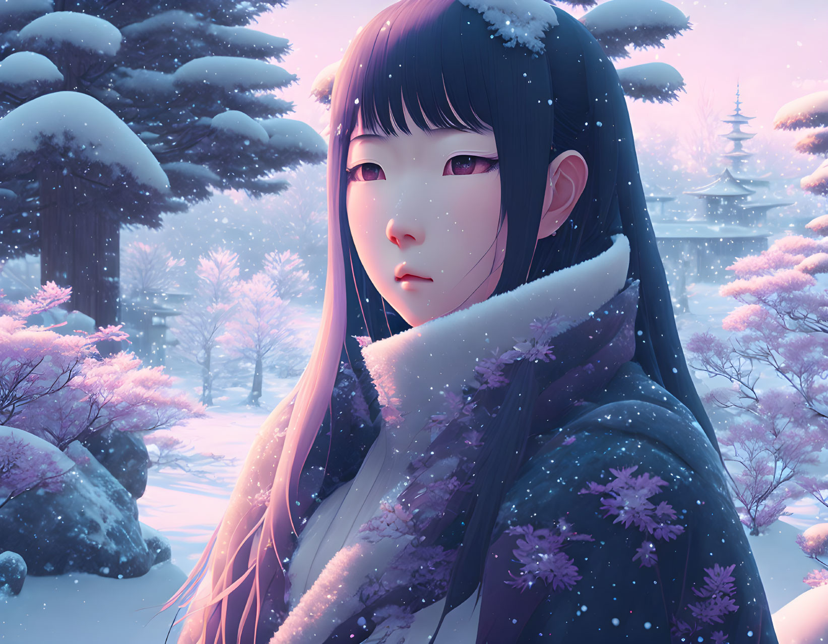 Anime-style girl with long black hair in winter cloak in snowy landscape.