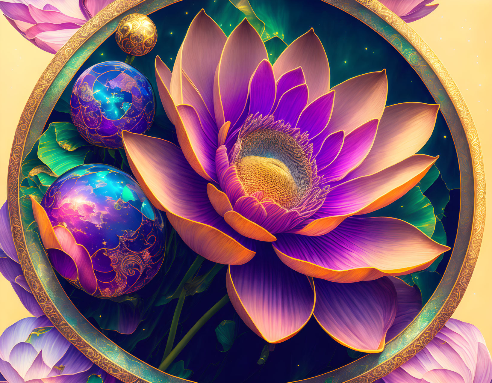 Colorful digital artwork: Purple lotus in ornate frame with planets on starry background