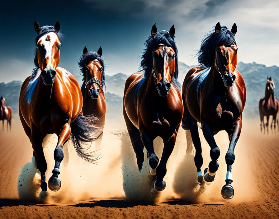 Four powerful galloping horses under dramatic sky