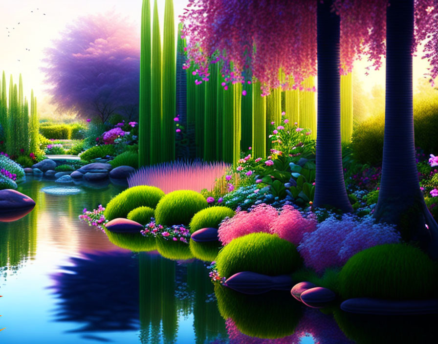 Fantastical garden with lush plants, serene water, and hanging flowers under purple and blue sky