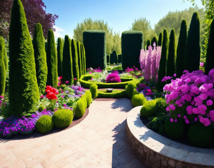 Lush Garden with Trimmed Hedges, Pink and Red Flowers, Stone Pathway