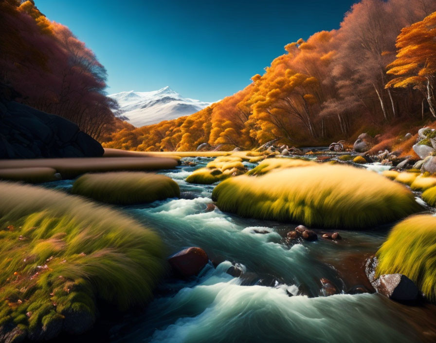 Vibrant blue river in autumnal landscape with golden-orange trees