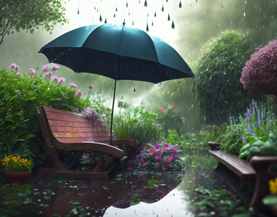 Tranquil garden scene with open umbrella in heavy rain