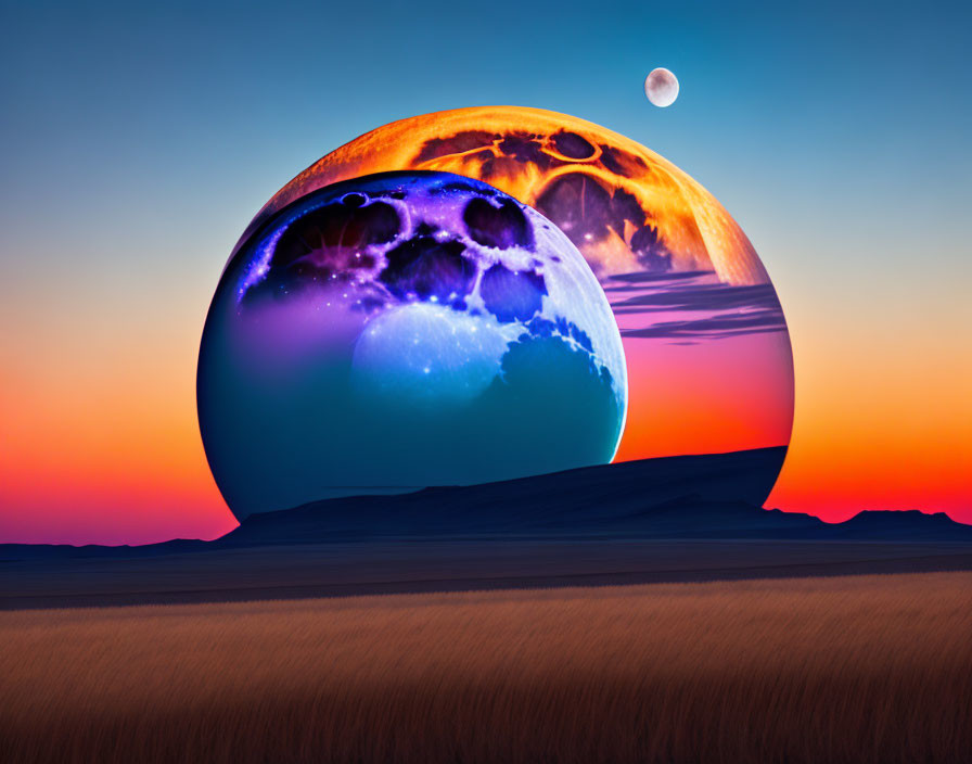 Surreal image of oversized planets over desert landscape at twilight