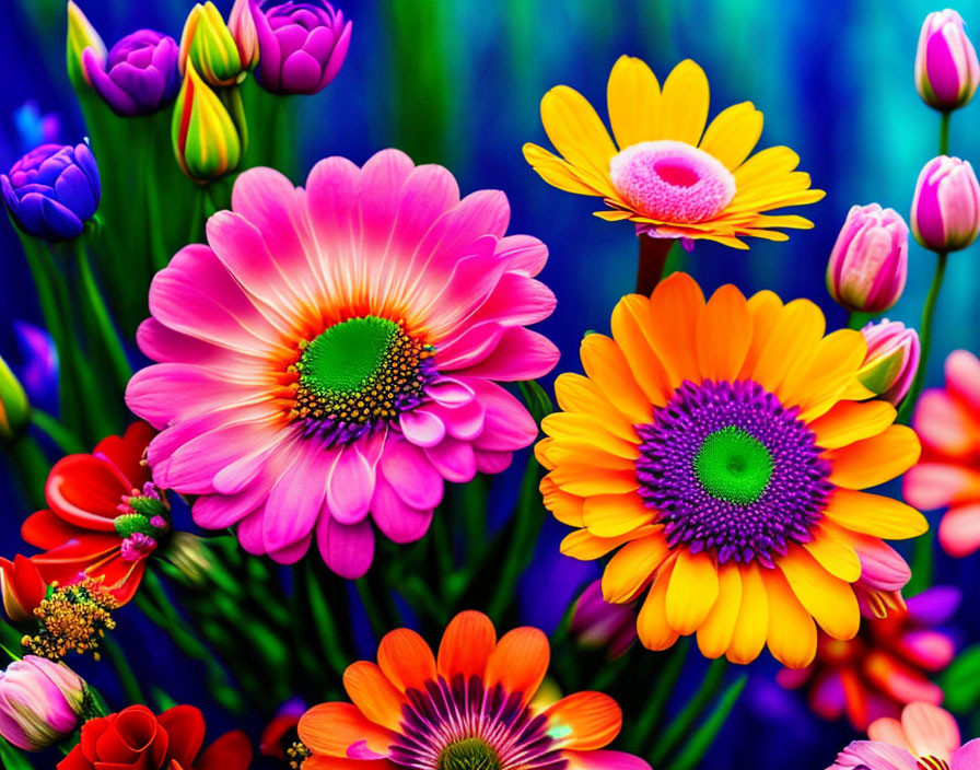 Colorful Bouquet of Blue, Purple, Pink, and Orange Flowers