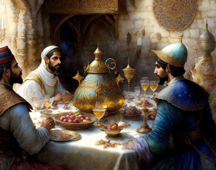 Historical Middle Eastern men dining in lavish setting