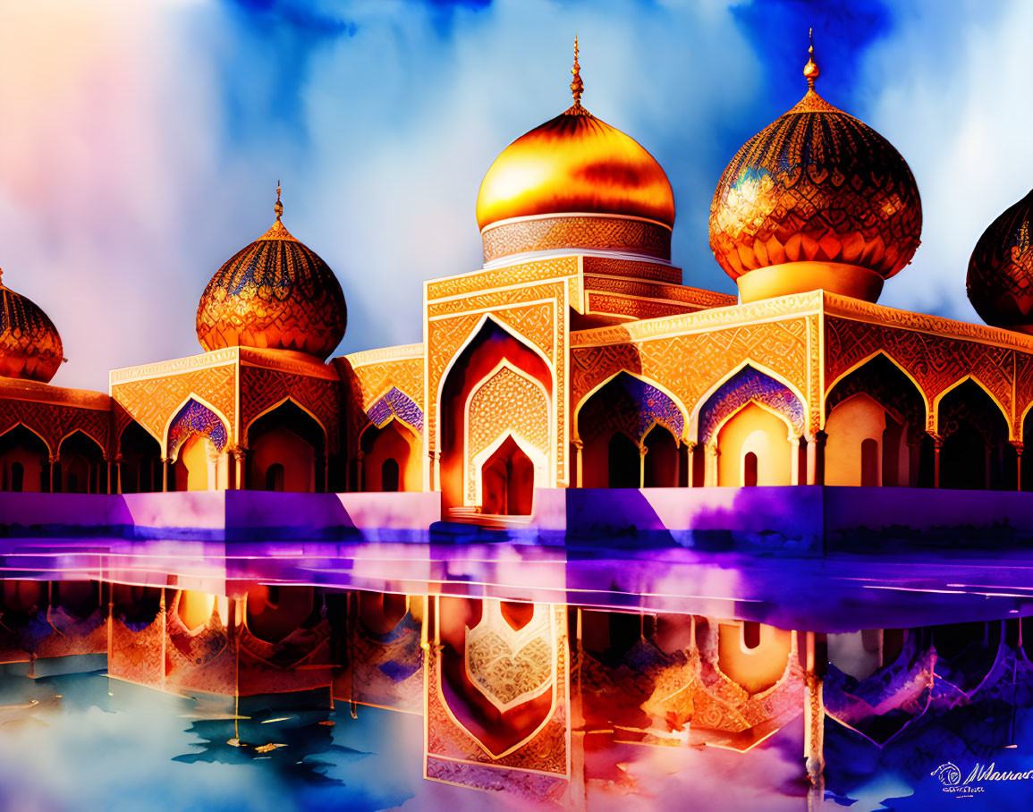 Fantastical palace with ornate domes and arches in vibrant digital illustration