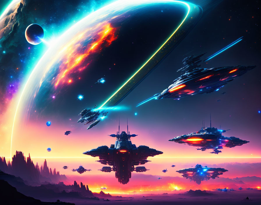 Colorful sci-fi landscape with spaceships, neon-lit planet, shooting stars, and galaxy backdrop