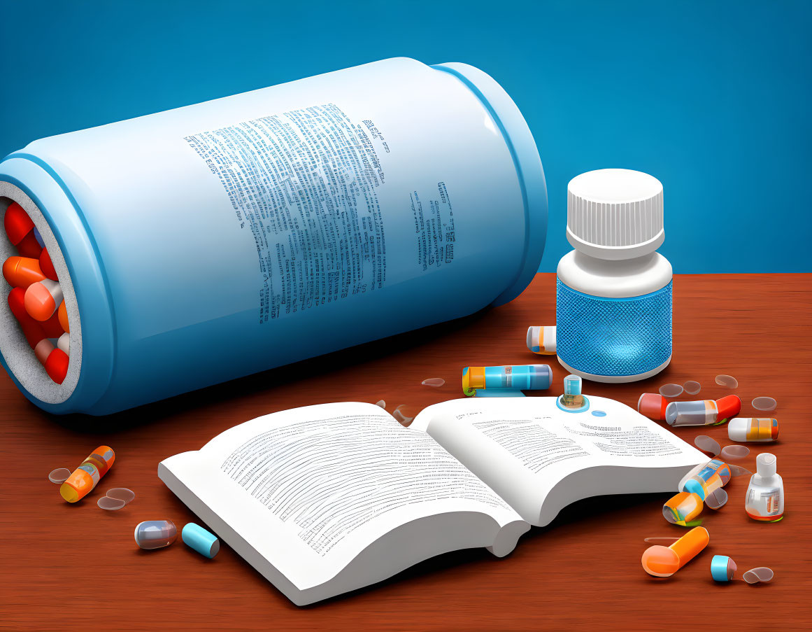 Open book surrounded by pills and medicine bottles on table