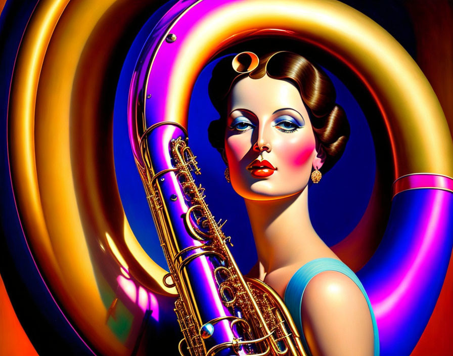 Digital artwork of woman with vintage makeup blending with golden saxophone on vibrant background