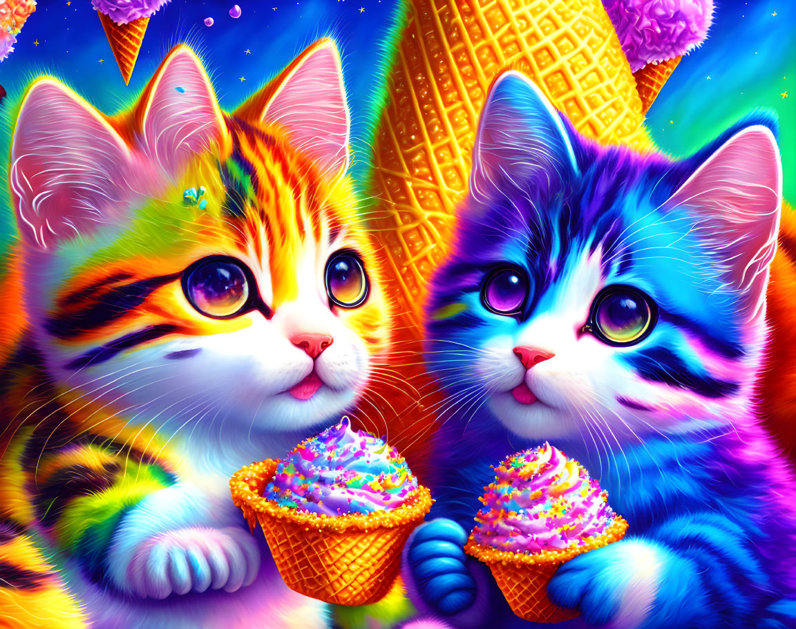 Colorful Illustrated Cats with Ice Cream Cones and Geometric Patterns