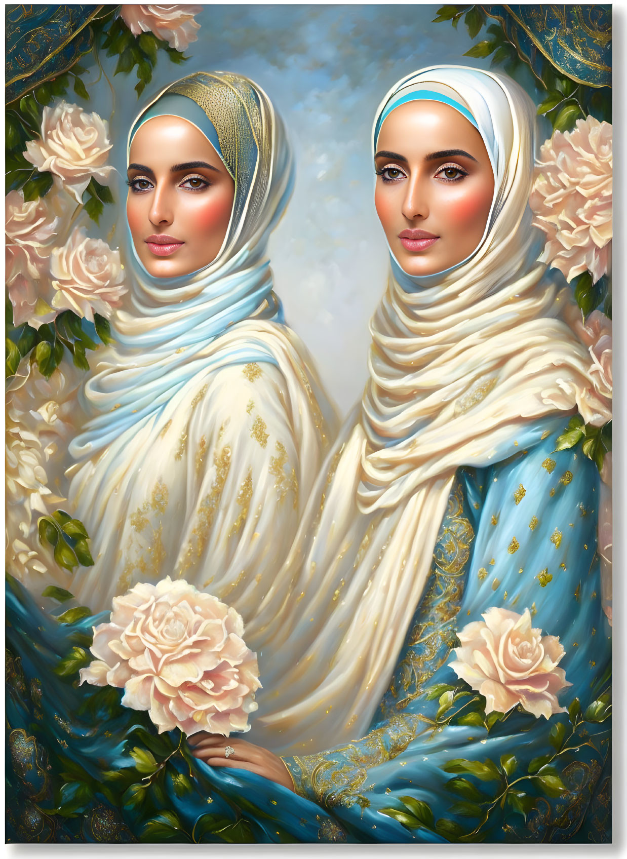 Two Women in Hijabs with Floral Background: Gold and Blue Adorned with Delicate Patterns surrounded