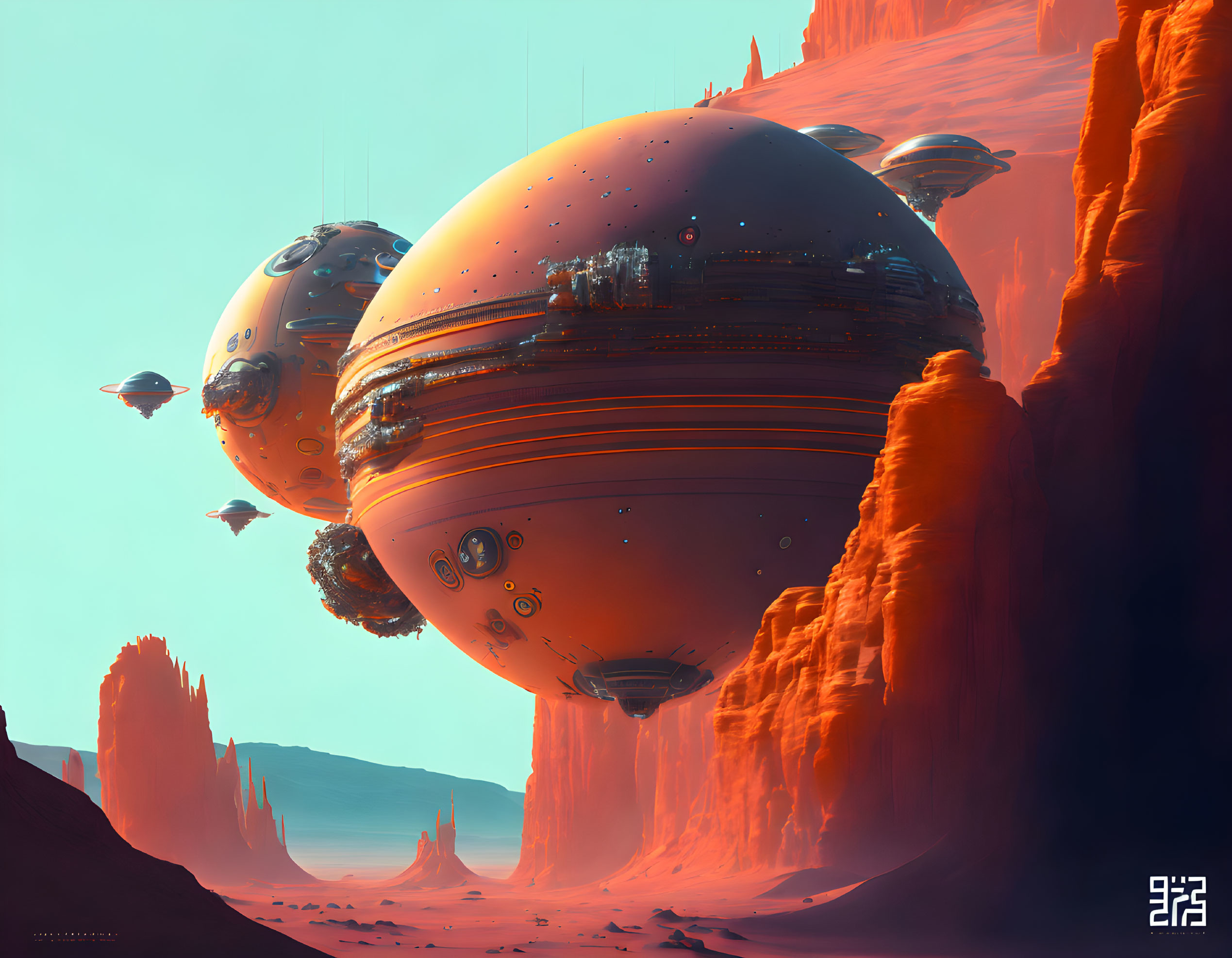 Futuristic spherical spaceships over alien desert landscape