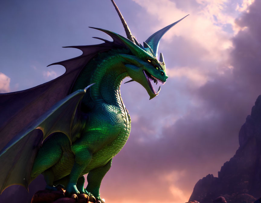 Green dragon with large wings and sharp horns in cloudy purple sky