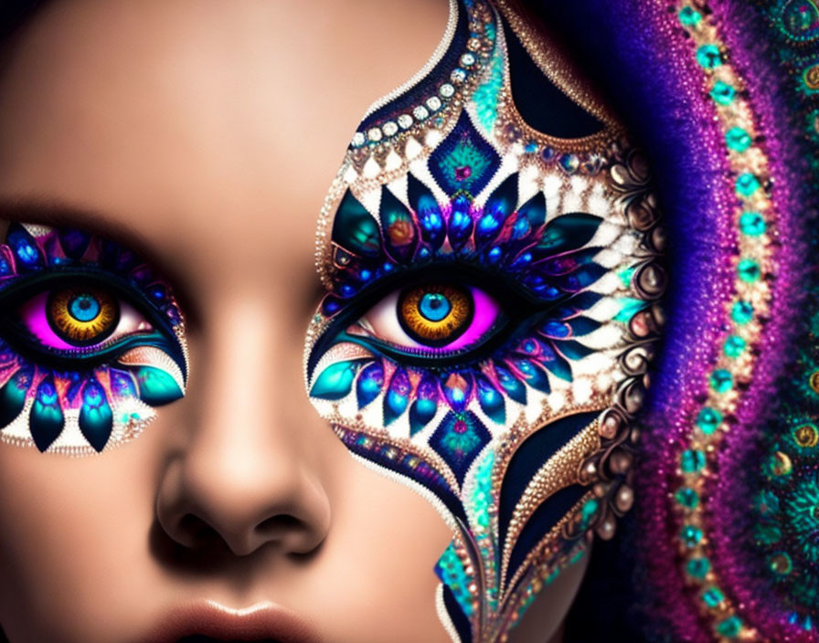 Detailed close-up of face with vibrant jewel-toned makeup in intricate mask-like patterns.