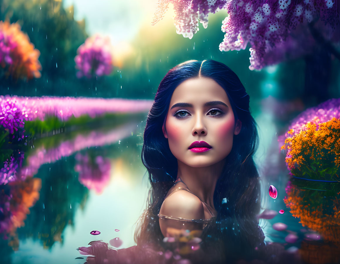 Woman Surrounded by Vibrant Florals and Water Reflections