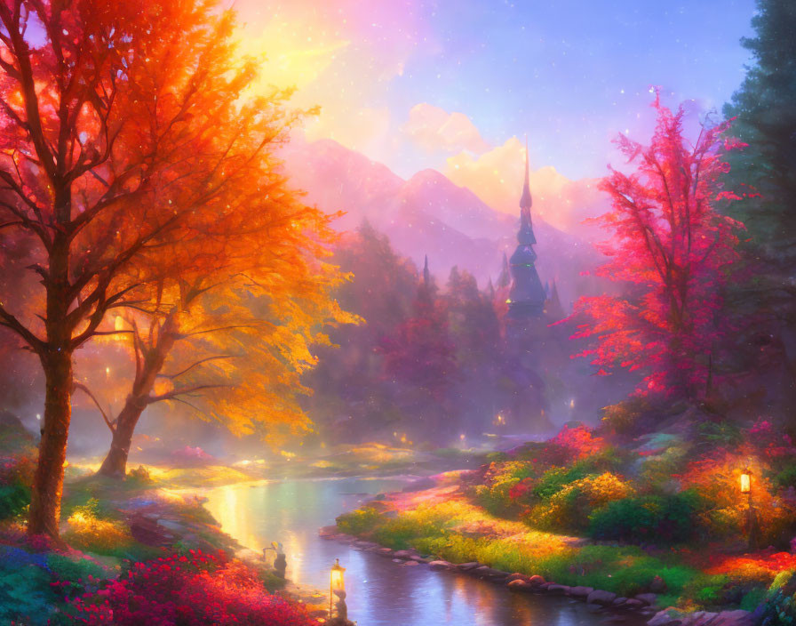 Fantasy landscape with castle, autumn trees, river, and starry sky