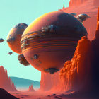 Futuristic spherical spaceships over alien desert landscape