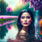 Woman Surrounded by Vibrant Florals and Water Reflections