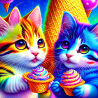 Colorful Illustrated Cats with Ice Cream Cones and Geometric Patterns