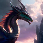 Green dragon with large wings and sharp horns in cloudy purple sky