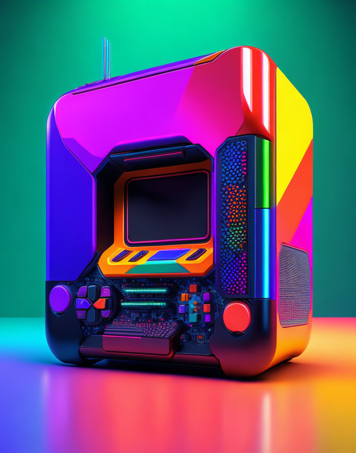 Colorful Retro-Style Gaming Console with Screen, Joystick, Buttons, and Speakers on Neon Gradient