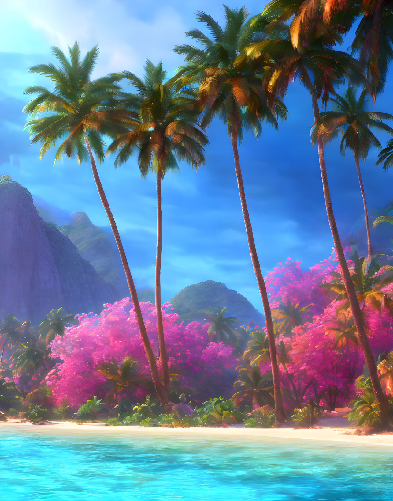 Tropical Beach Scene with Palm Trees, Pink Flora, and Mountain Peak