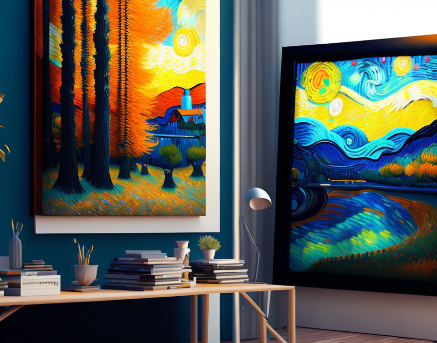 Room corner with books, decorations, lamp, TV with Van Gogh-inspired image, and wall painting