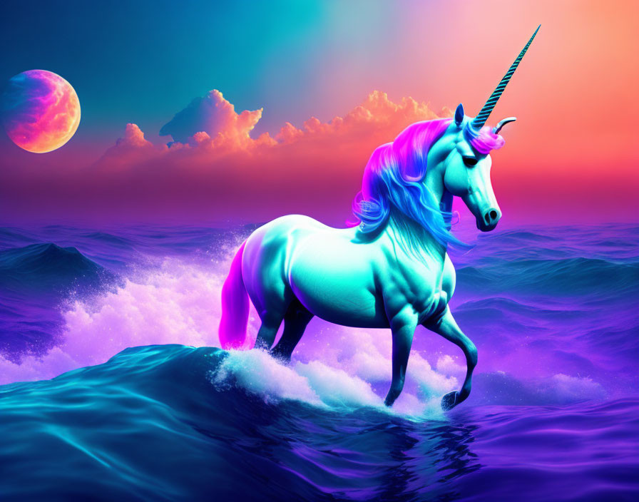 Colorful unicorn with glowing horn on ocean waves under purple sky.