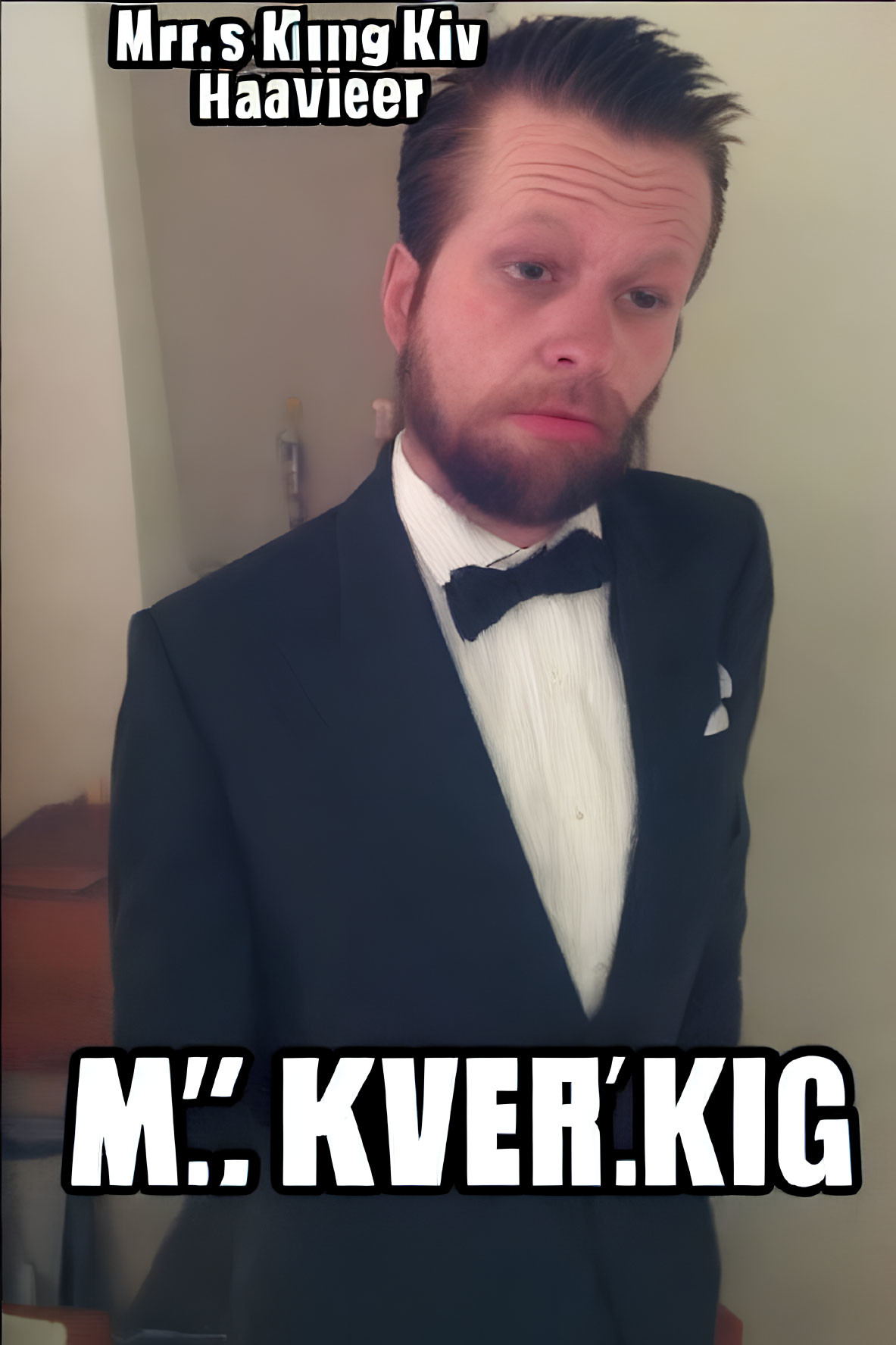 Man in Black Suit and Bow Tie with Skeptical Expression and Stylized Text