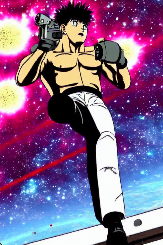 Male animated character in white pants holding sci-fi handgun in space