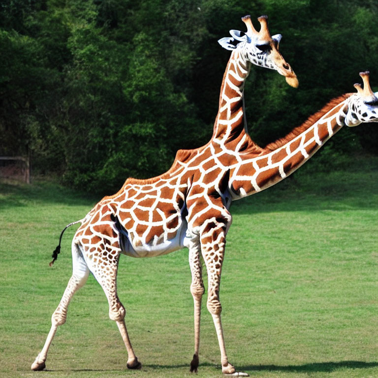 Giraffe bending neck sideways in grassy field with another giraffe.