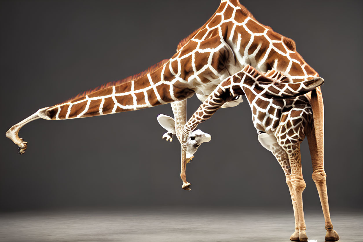 Giraffe bending neck to lick leg with long tongue and patterned coat against gray backdrop