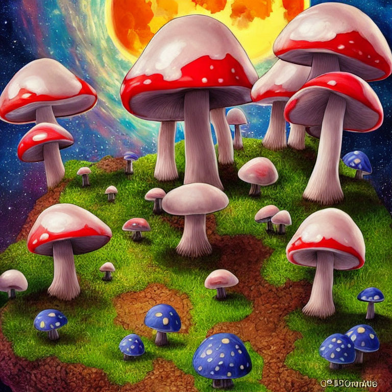 Vibrant oversized mushroom illustration on grassy planet