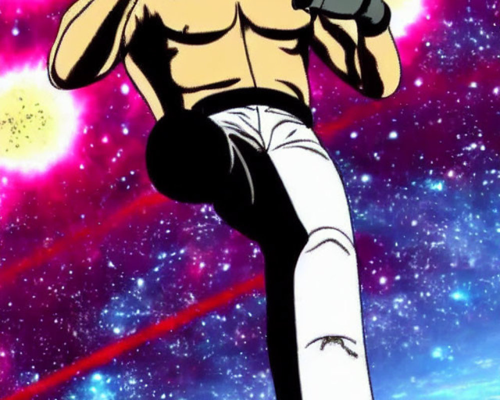 Male animated character in white pants holding sci-fi handgun in space