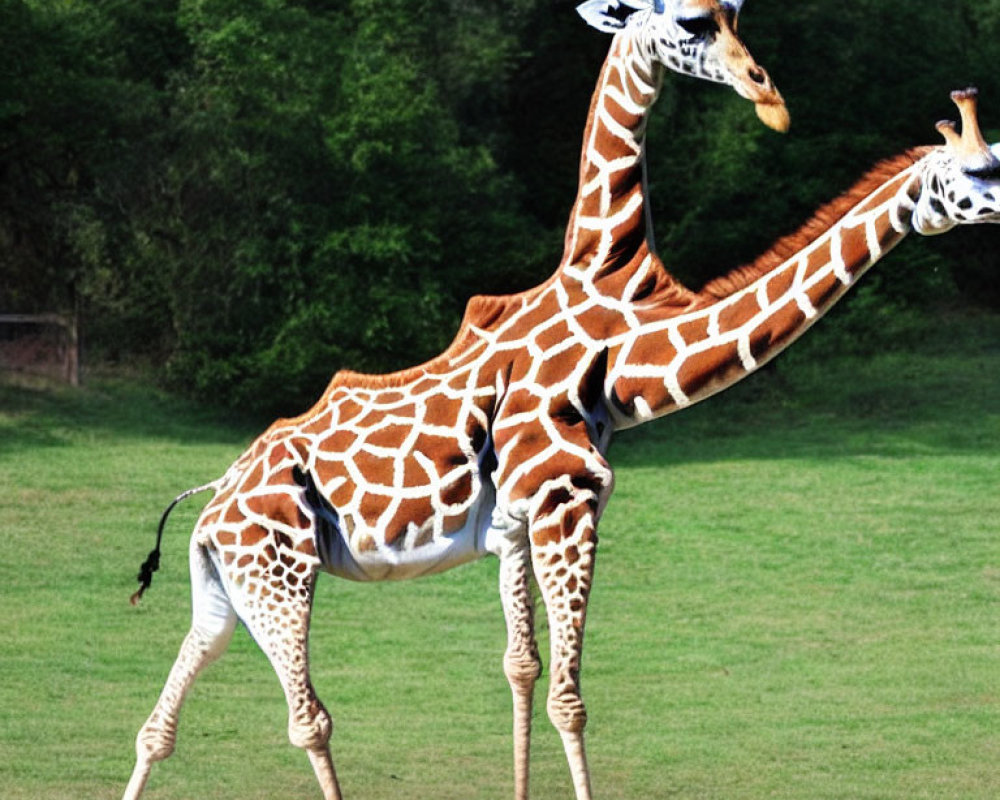 Giraffe bending neck sideways in grassy field with another giraffe.