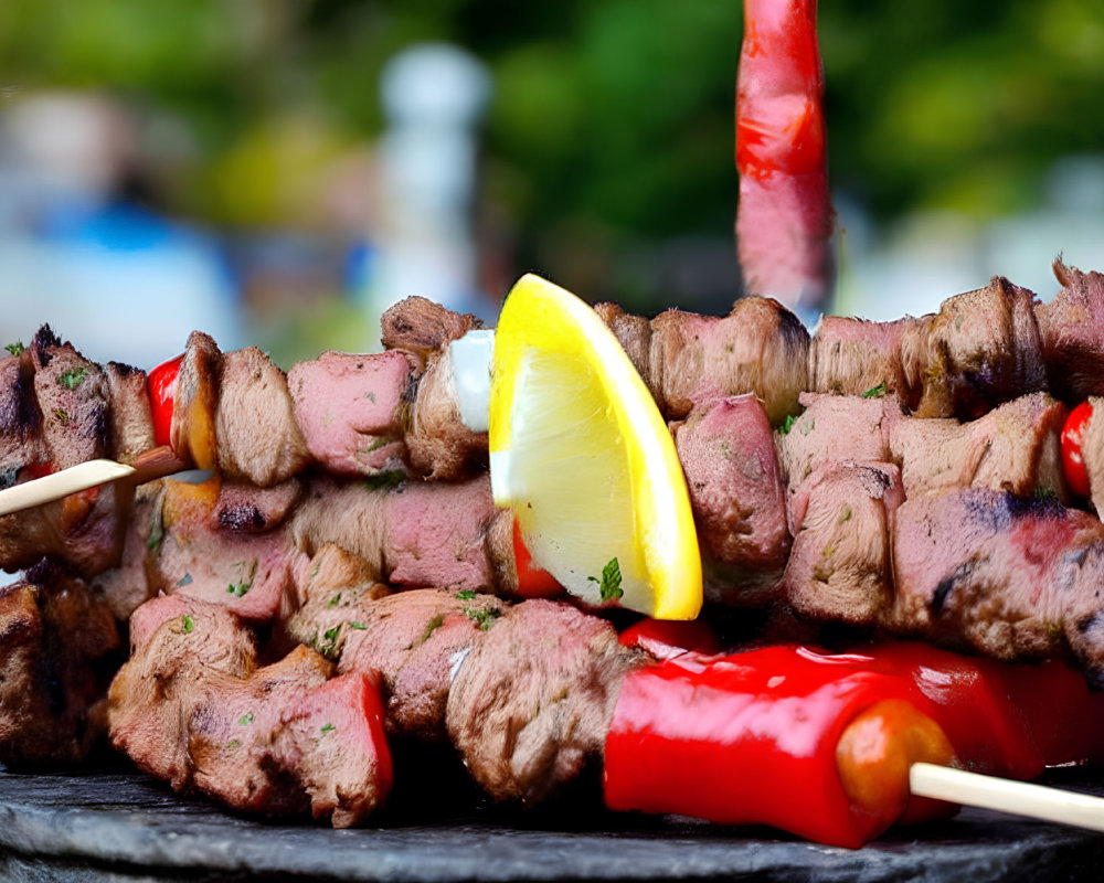 Slate background with grilled kebab skewers, meat chunks, lemon, and chili pepper