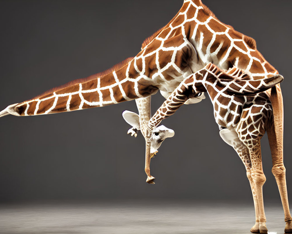 Giraffe bending neck to lick leg with long tongue and patterned coat against gray backdrop