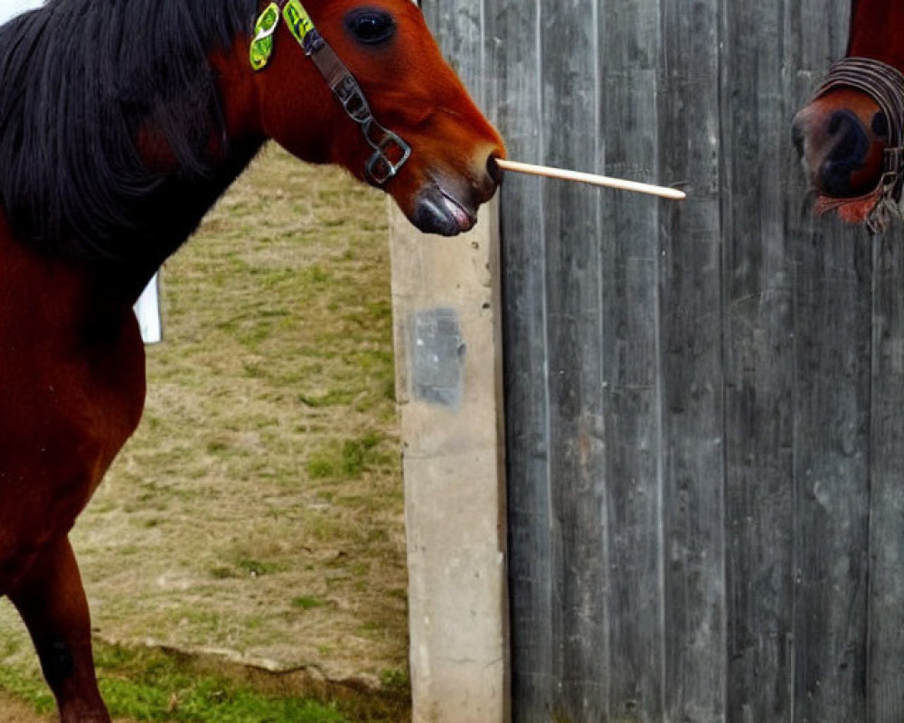 Brown horse with black mane holding stick by fence, another horse in background