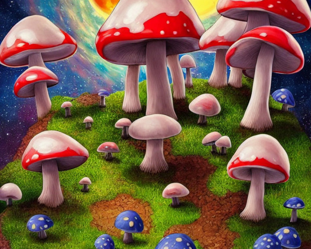 Vibrant oversized mushroom illustration on grassy planet