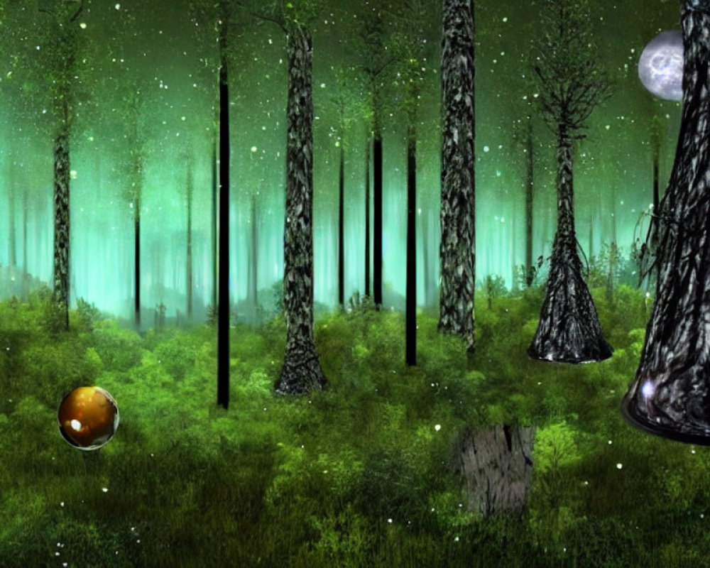 Enchanting green forest at night with glowing orbs, moon, twisted trees