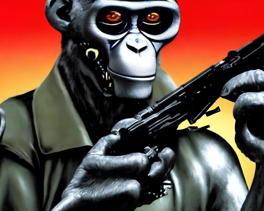 Illustration of two gorillas with red glowing eyes and assault rifles in jackets