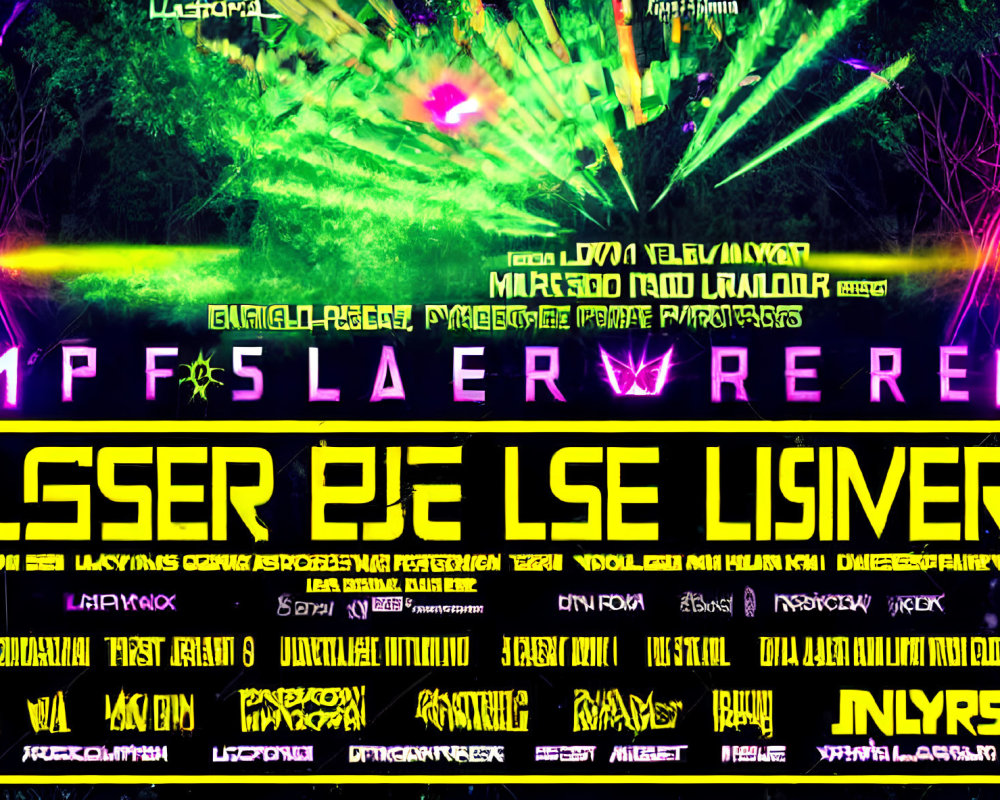 Vibrant electronic music festival poster with colorful laser lights and bold artist names