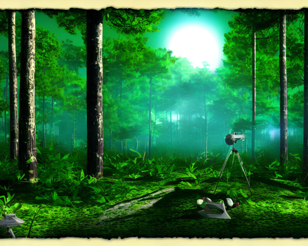 Tranquil Green Forest Scene with Camera and Photography Gear