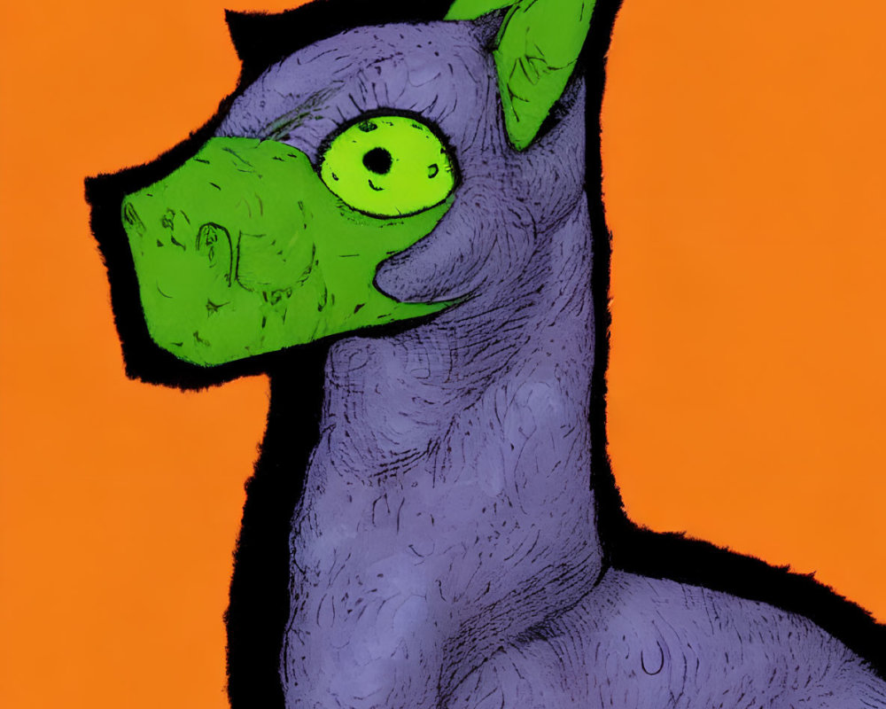 Purple Creature with Green Features on Orange Background and Black Text Above