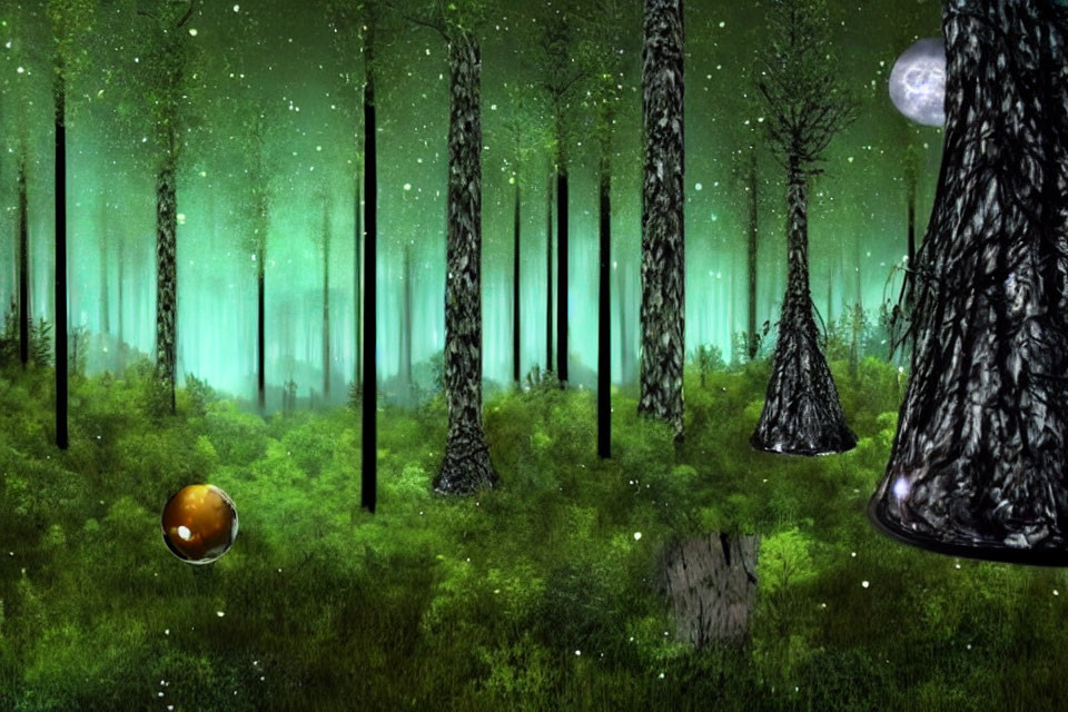 Enchanting green forest at night with glowing orbs, moon, twisted trees