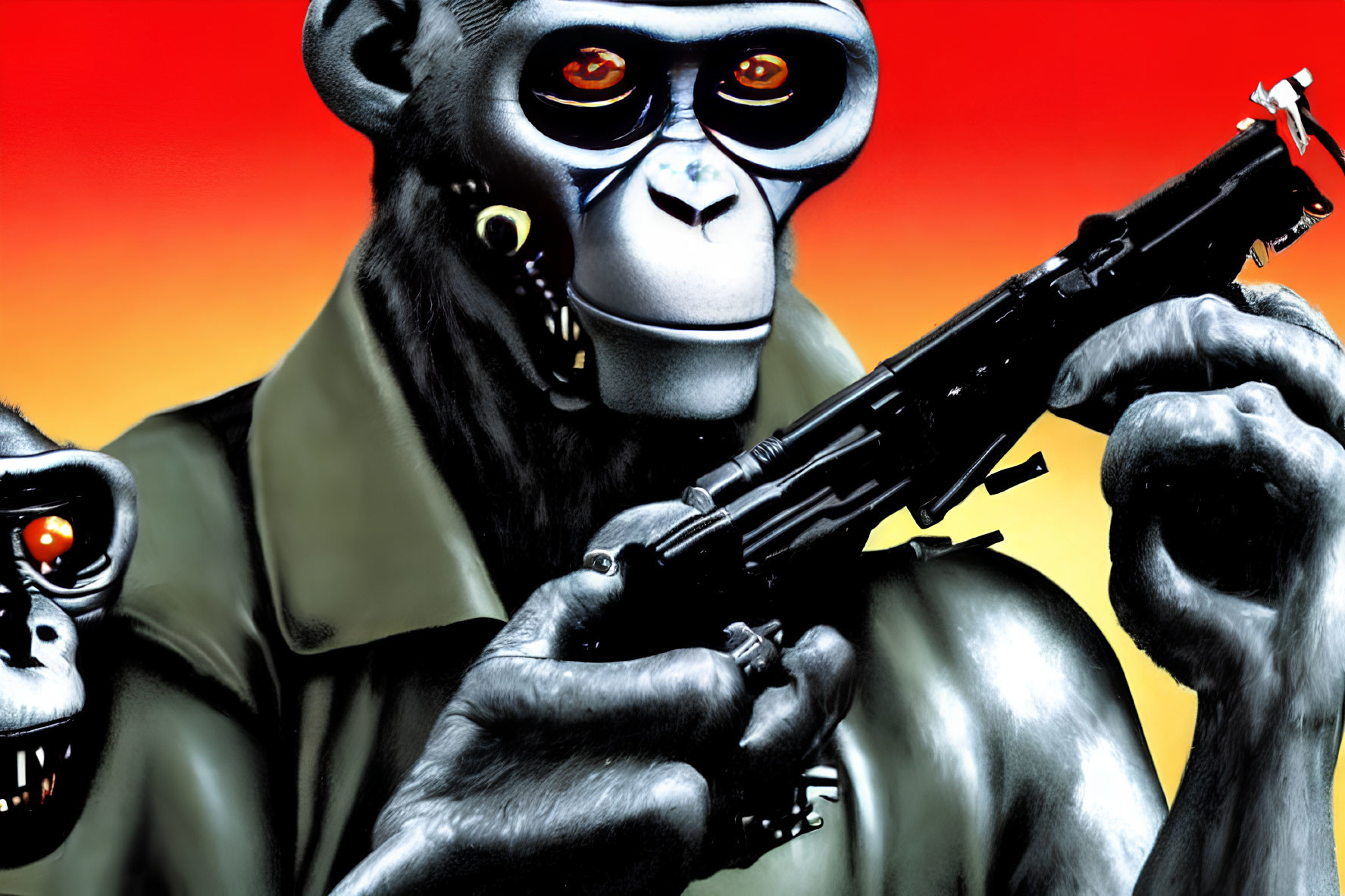 Illustration of two gorillas with red glowing eyes and assault rifles in jackets