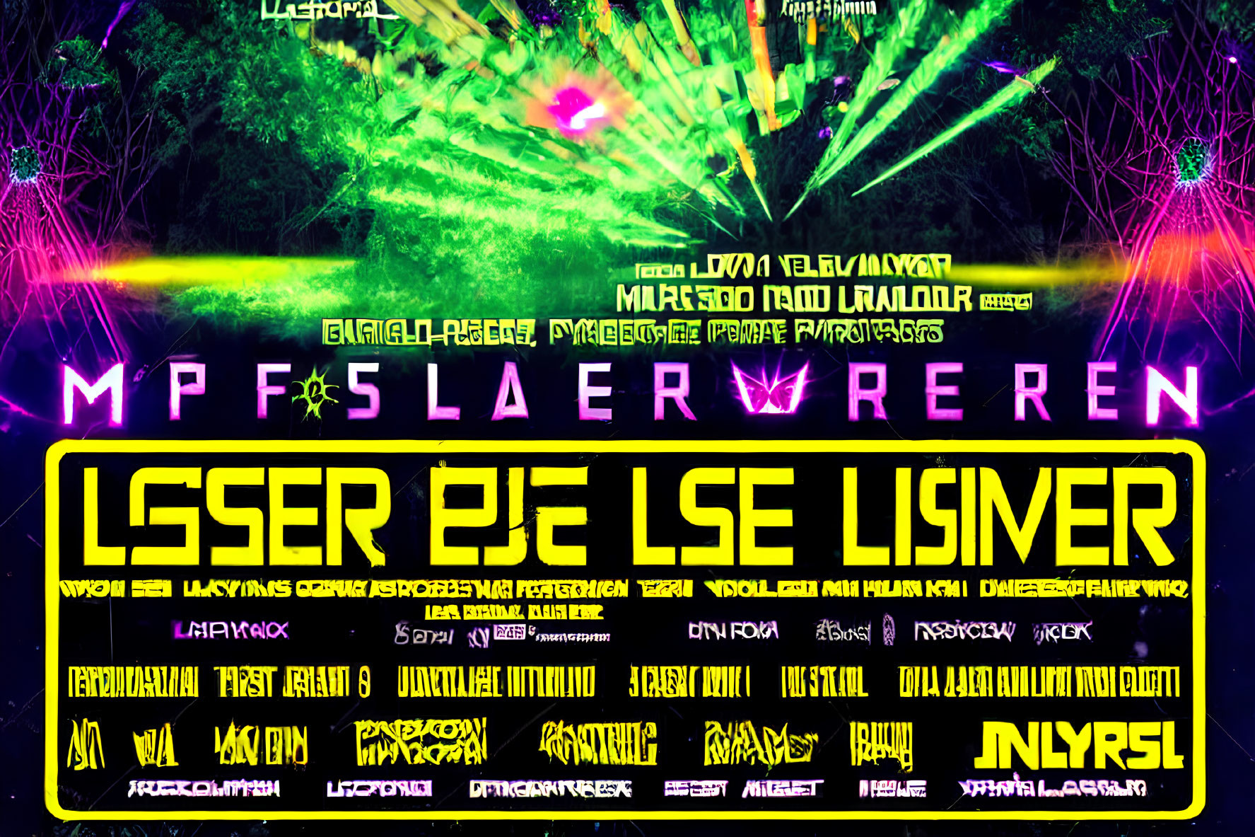 Vibrant electronic music festival poster with colorful laser lights and bold artist names