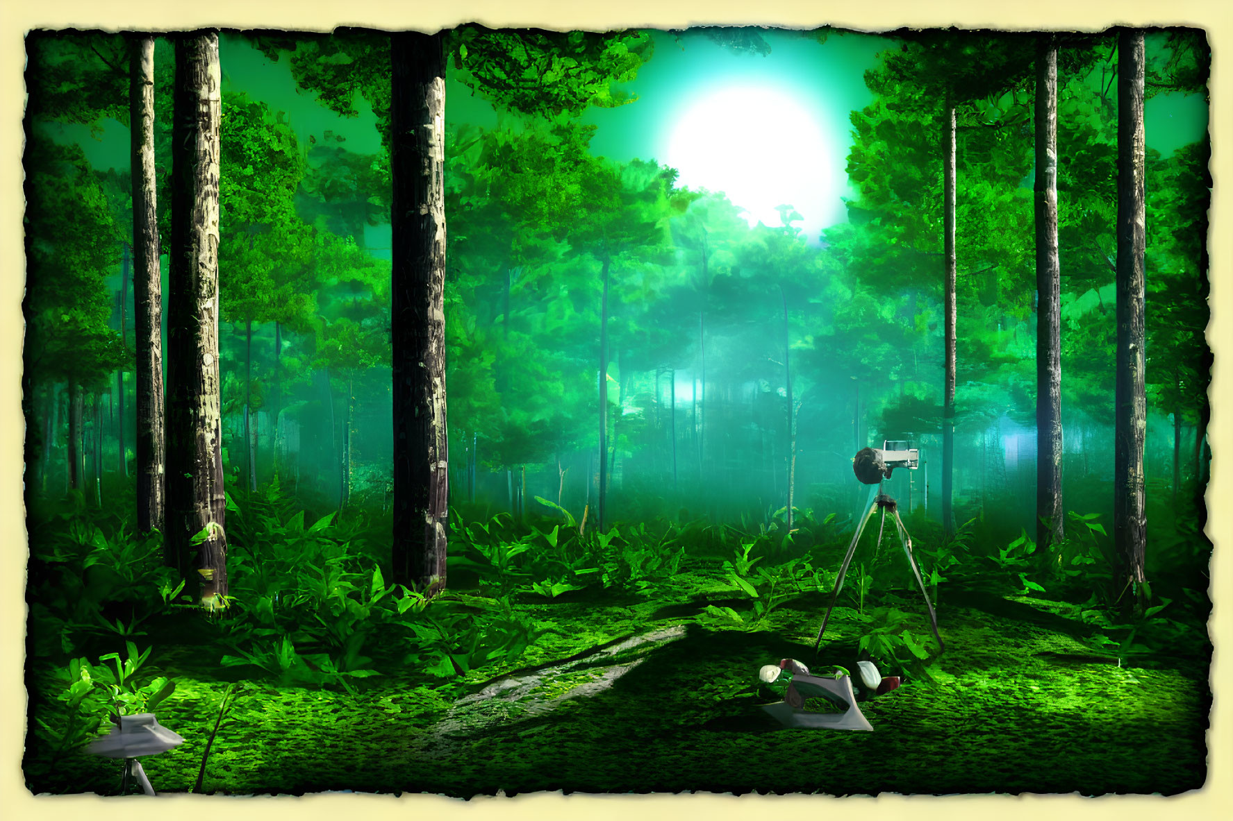 Tranquil Green Forest Scene with Camera and Photography Gear