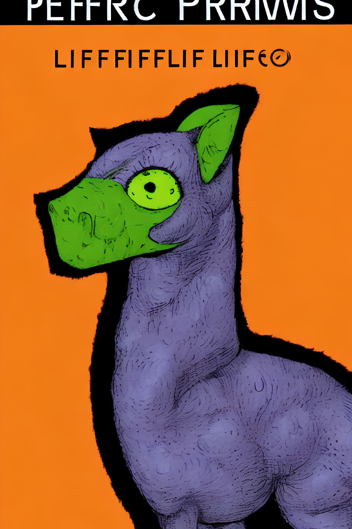 Purple Creature with Green Features on Orange Background and Black Text Above